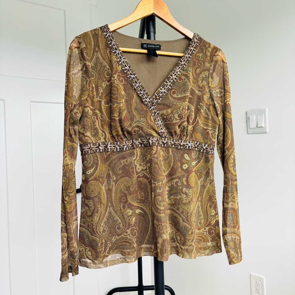 Vintage Y2K Whimsical fairy core brown green micro mesh forest fairy top Sz XL
